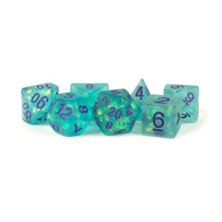 16mm Resin Icy Opal Dice Poly Set Teal w/ Purple Numbers (7)