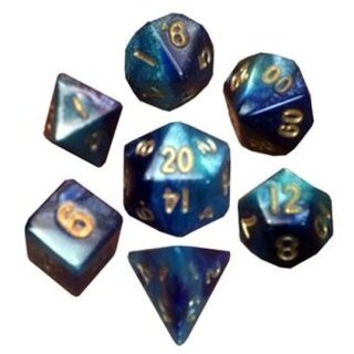 Mini Polyhedral Dice Set DarkBlue Light Blue with Gold Numbers
