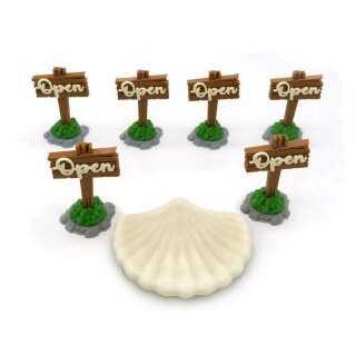 Open Signs &amp; Shell for Pearlbrook Expansion &ndash; Everdell &ndash; 7 Pieces