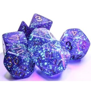 Borealis Mini-Polyhedral Royal Purple/gold Luminary Dice (7)