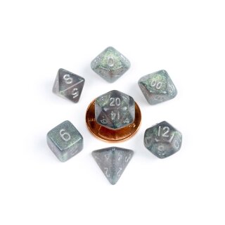 10mm Mini Stardust Acrylic Poly Dice Set: Gray w/ Silver Numbers