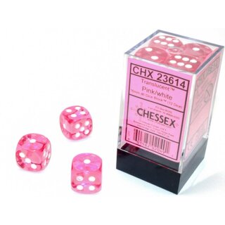 Translucent 16mm d6 with pips Dice Blocks&trade; (12 Dice) Pink w/white